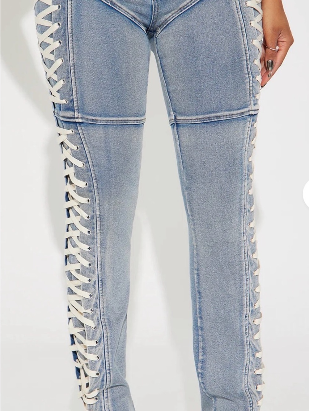 Light Wash Lace-Up Side Jeans - Women